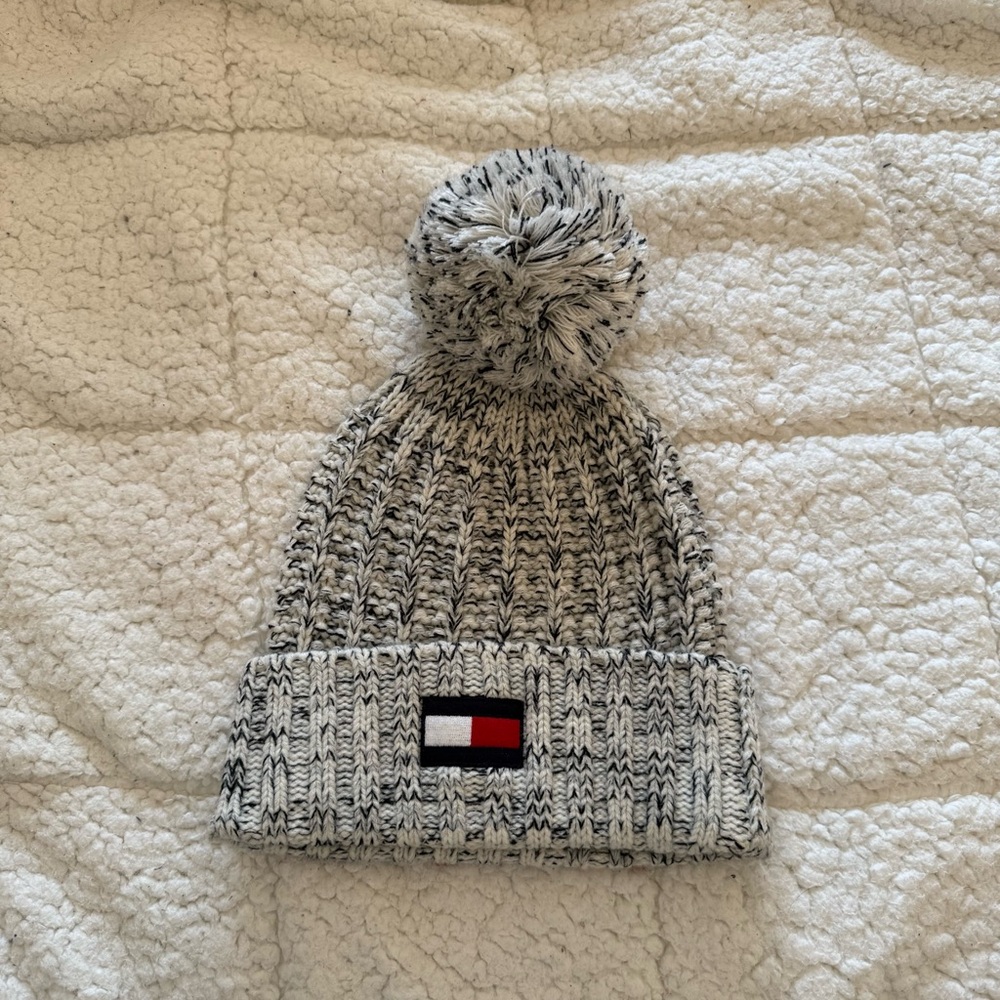 Tommy Hilfiger Black and White Knit Beanie with Pom